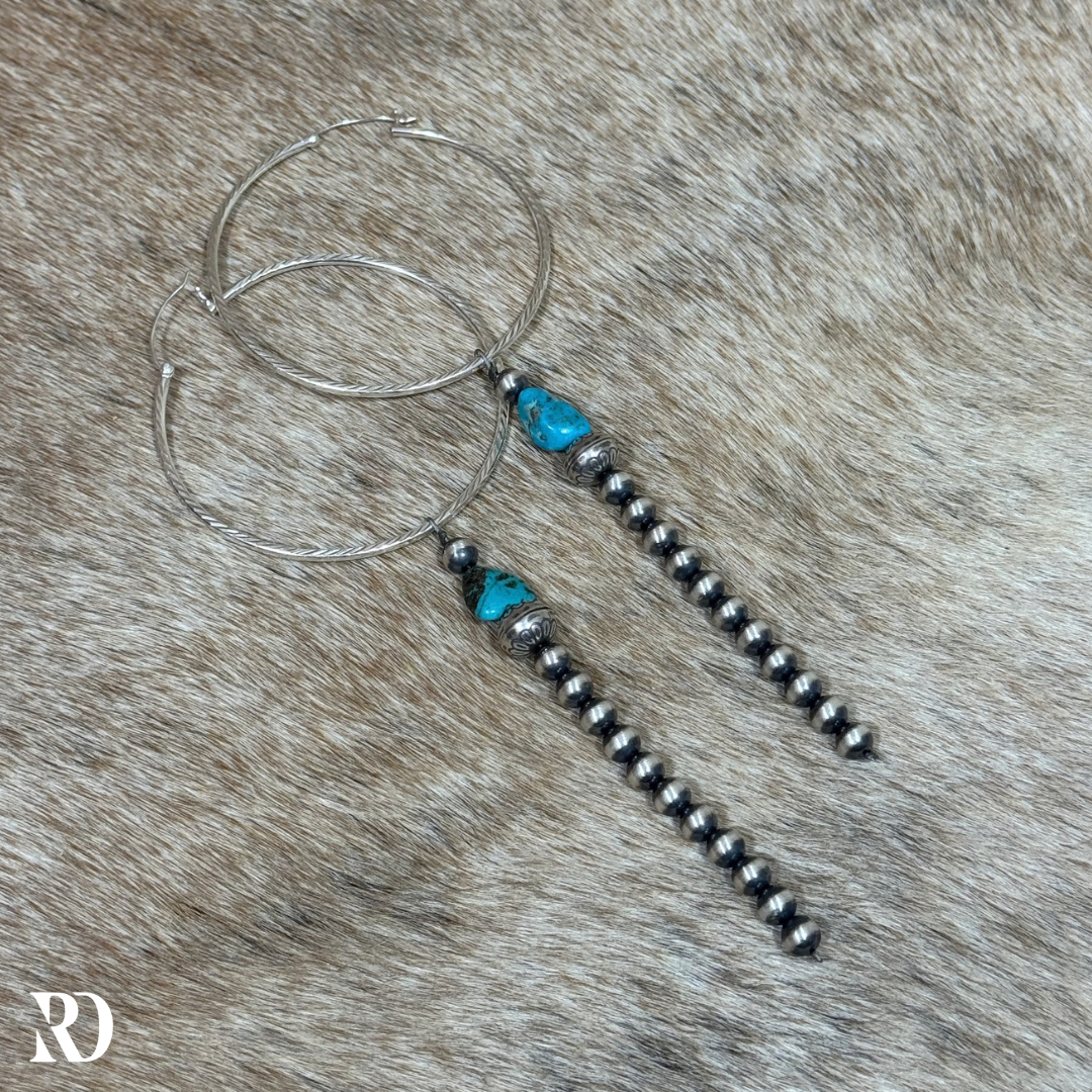 Kingman Turquoise With Strung Navajo Peral Dangle Hoop Earrings By Theresa Skeets — view 3