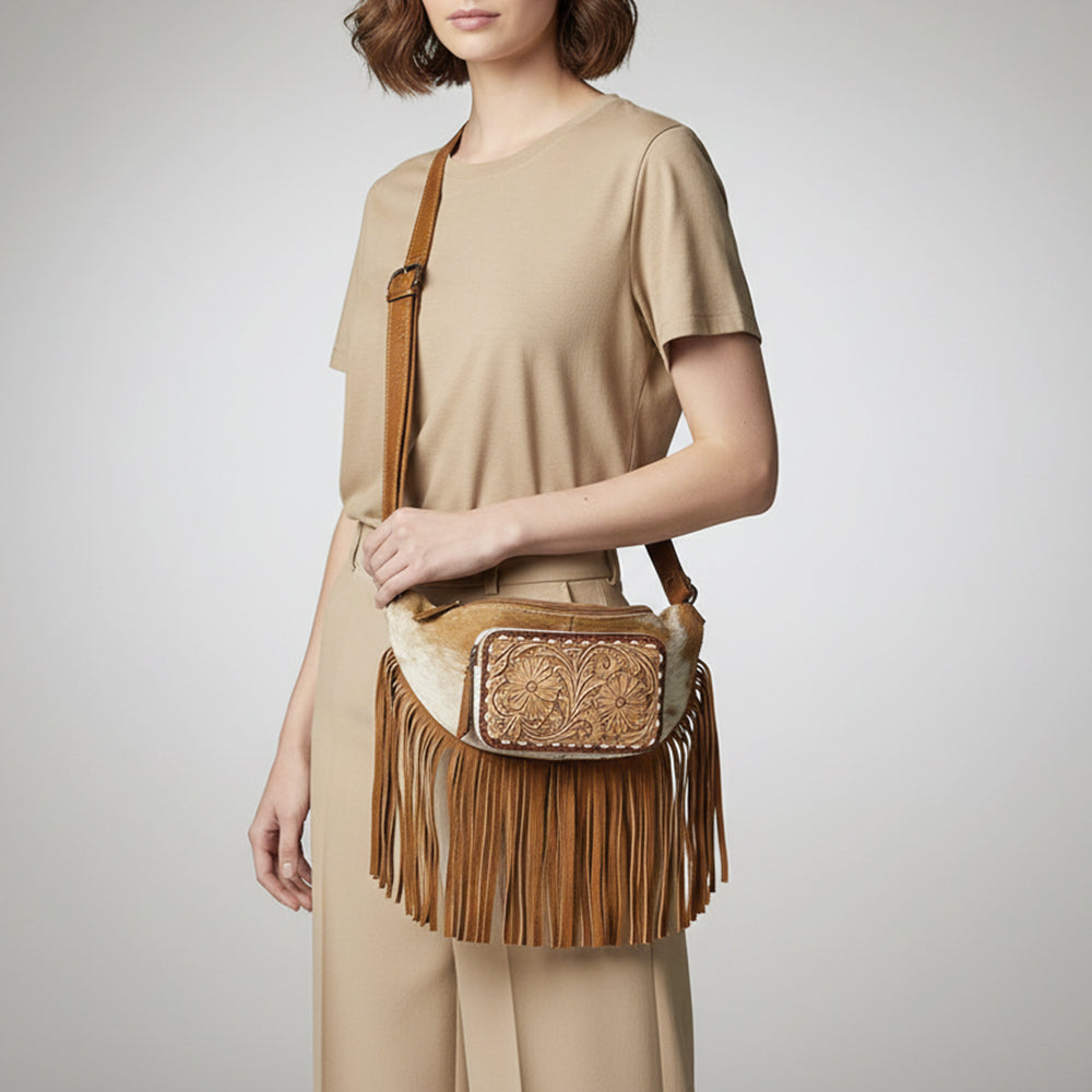 American Darling Western Leather Fanny Pack with Hair-On Cowhide, Fringe Detailing, Hand-Tooled Front Pocket & Adjustable Strap