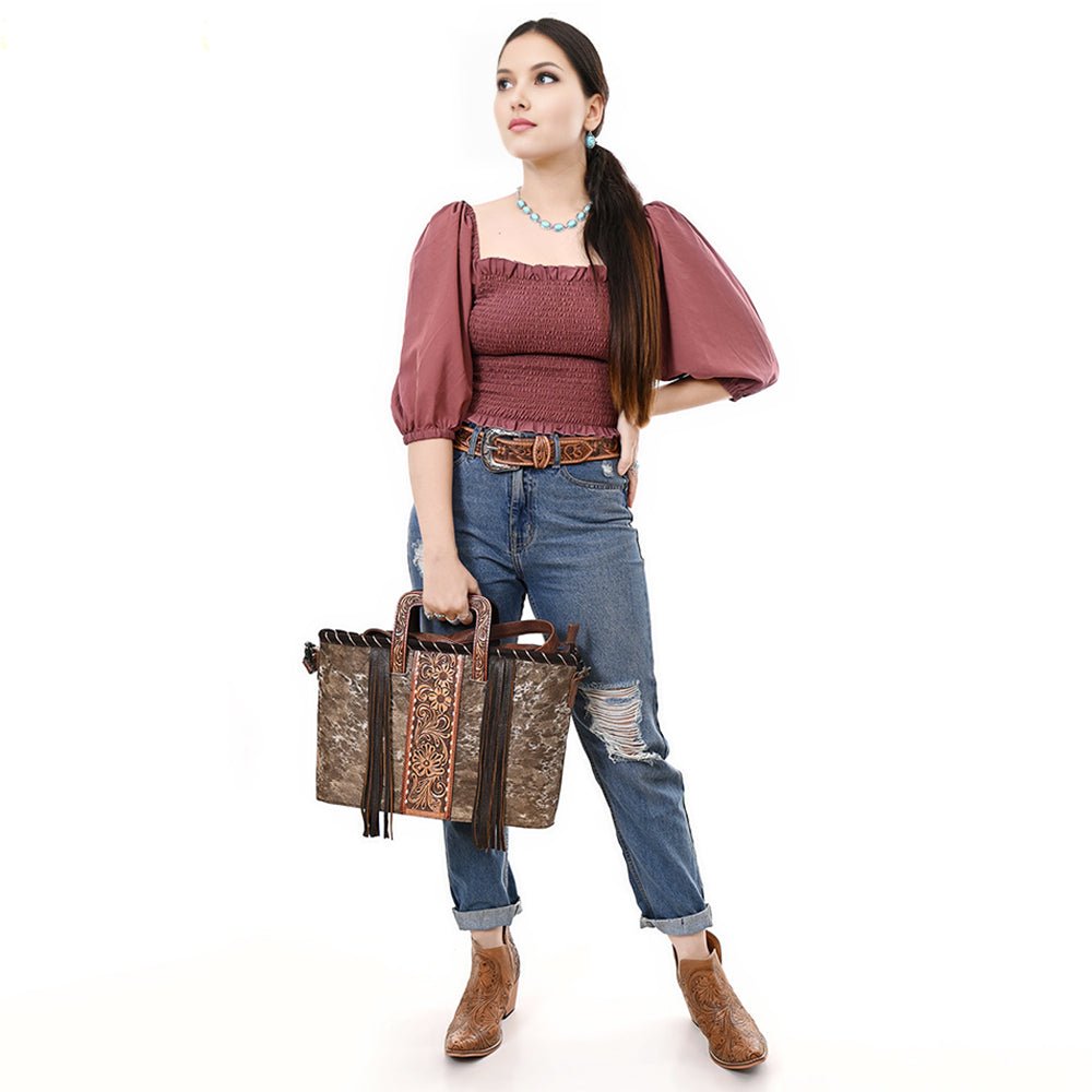 American Darling Hand-Tooled Hair-On Genuine Leather Tote