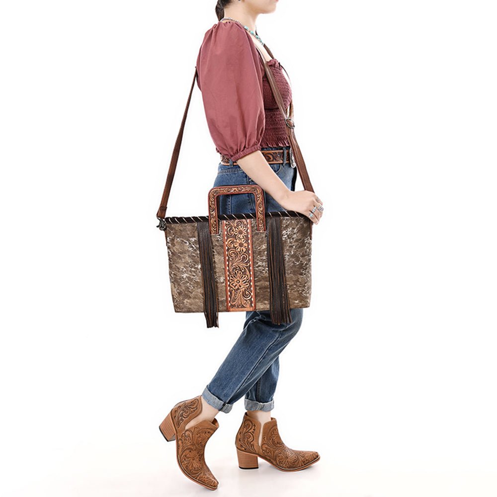 American Darling Hand-Tooled Hair-On Genuine Leather Tote