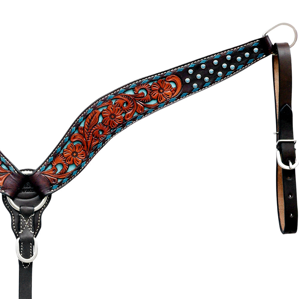 Hilason Horse Floral Hand Carved American Leather Breast Collar Headstall Brown