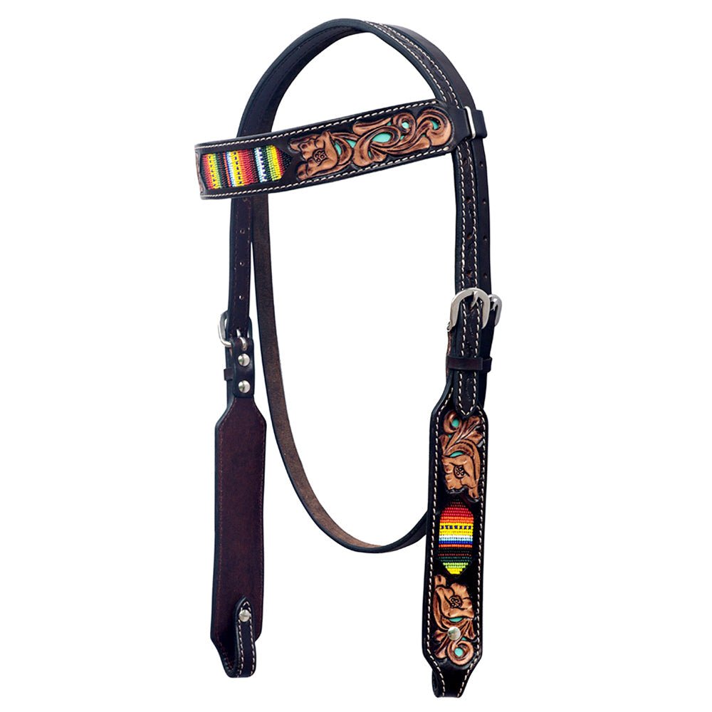 Western Horse Headstall And Floral Beaded Leather Breast Collar