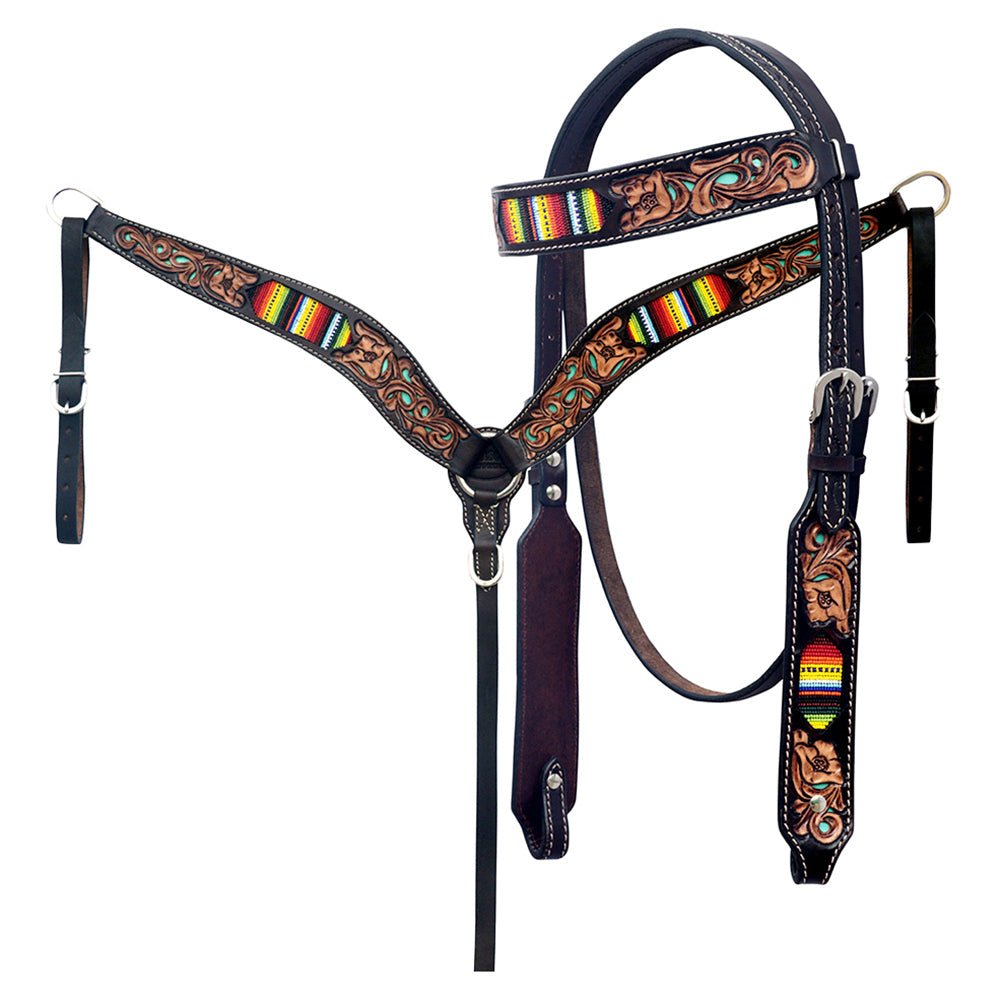 Western Horse Headstall And Floral Beaded Leather Breast Collar