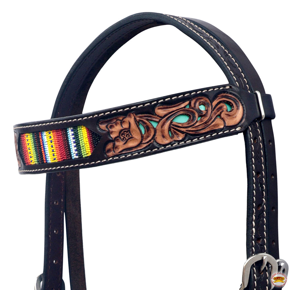 HILASON Western Leather Horse Headstall & Breast Collar Floral Beaded Brown
