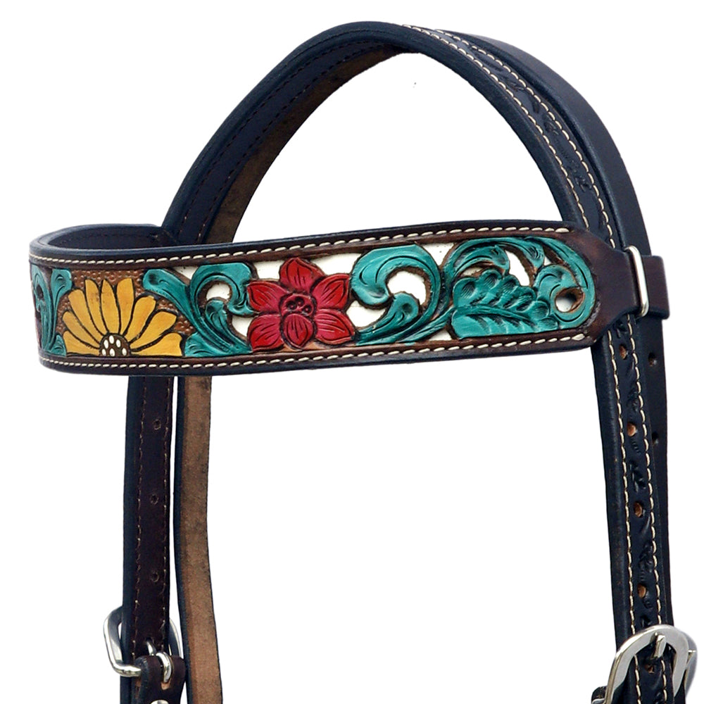 Hilason Horse Floral Hand Painted American Leather Breast Collar Headstall Black
