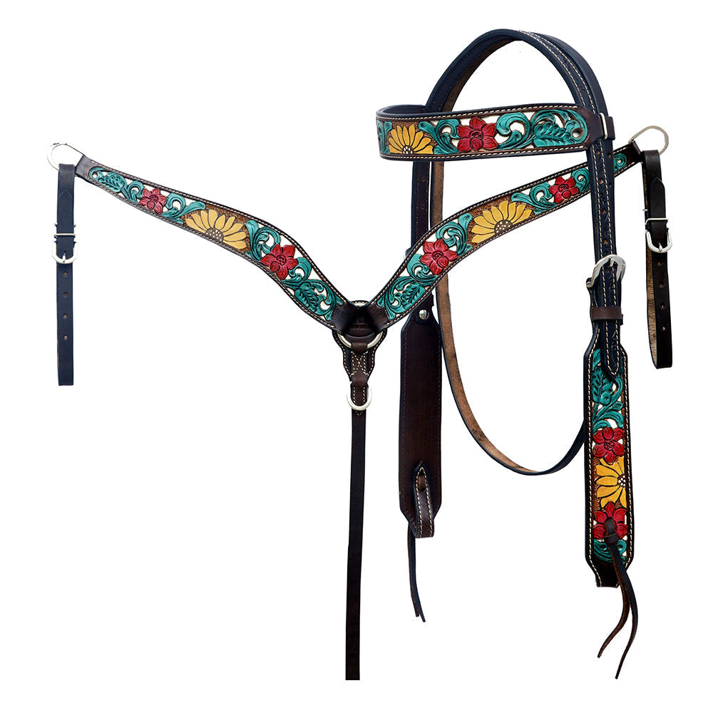 Hilason Horse Floral Hand Painted American Leather Breast Collar Headstall Brown