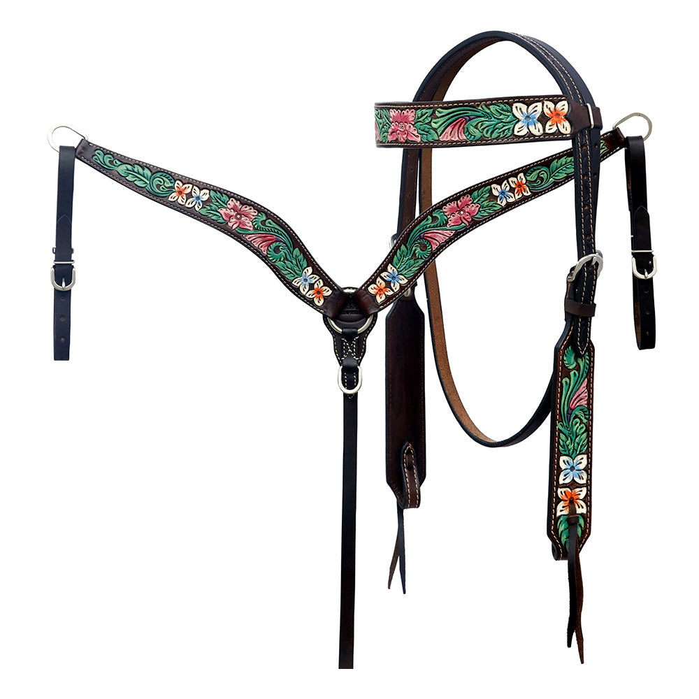 Hilason Horse Floral Hand Painted American Leather Breast Collar Headstall Brown