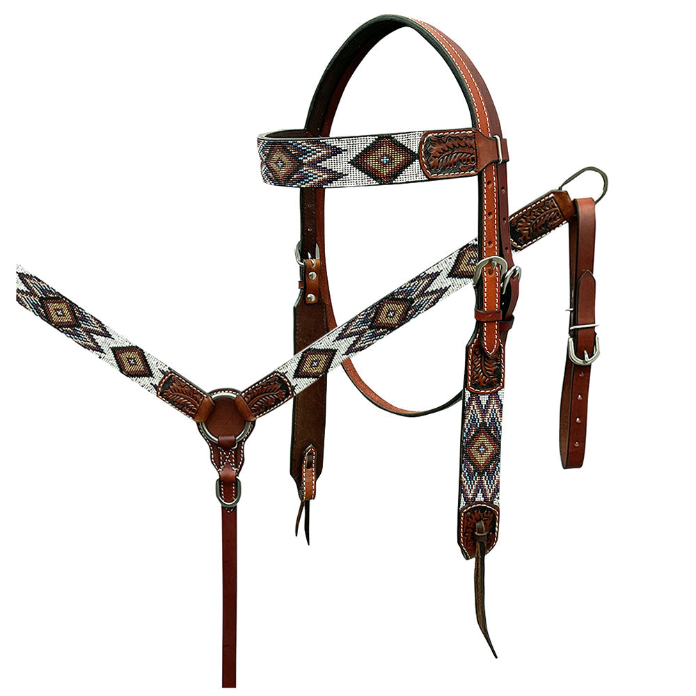 HILASON Western Horse Beaded Hand Tooled Genuine Leather Headstall Breast Collar Brown | Tack Set for Horses