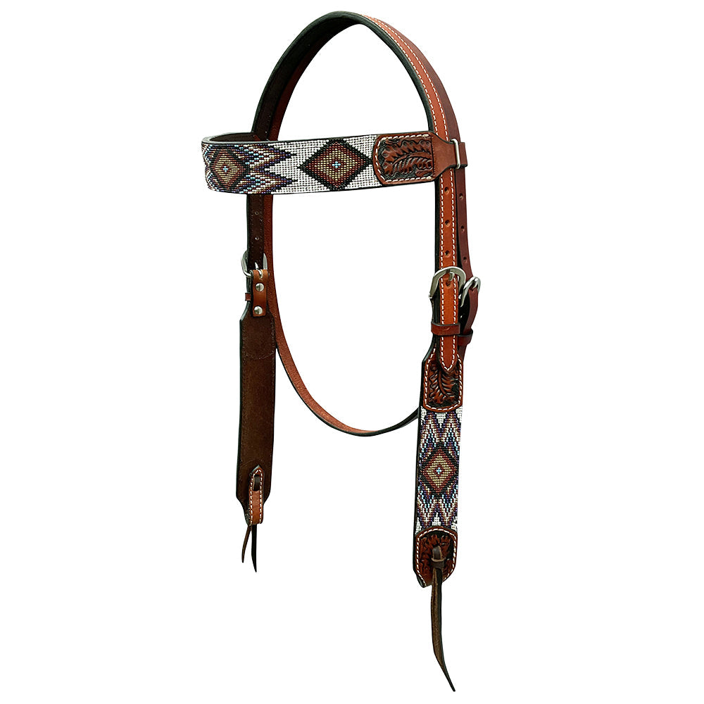 HILASON Western Horse Beaded Hand Tooled Genuine Leather Headstall Breast Collar Brown | Tack Set for Horses