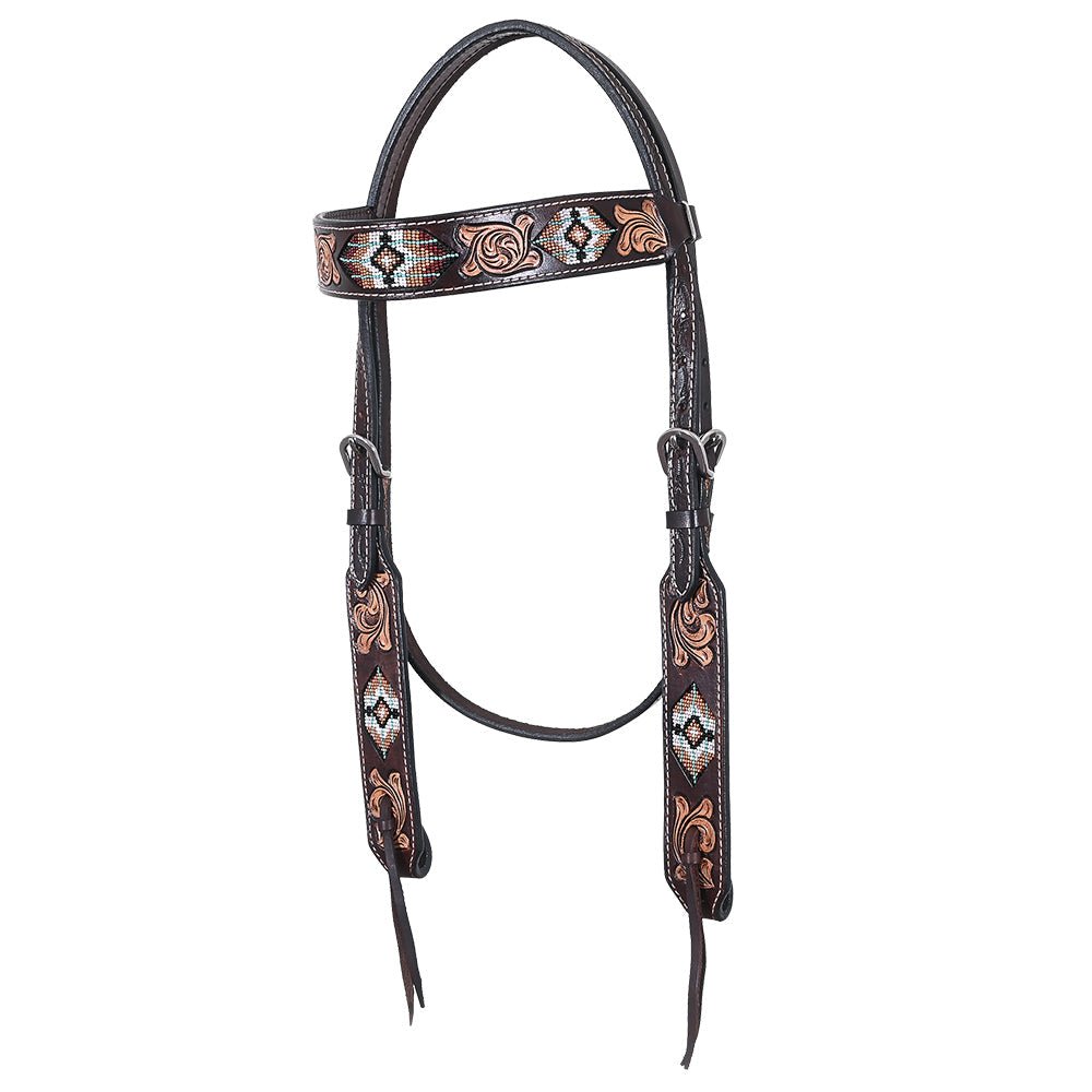 Western Horse Headstall And Floral Beaded Leather Breast Collar