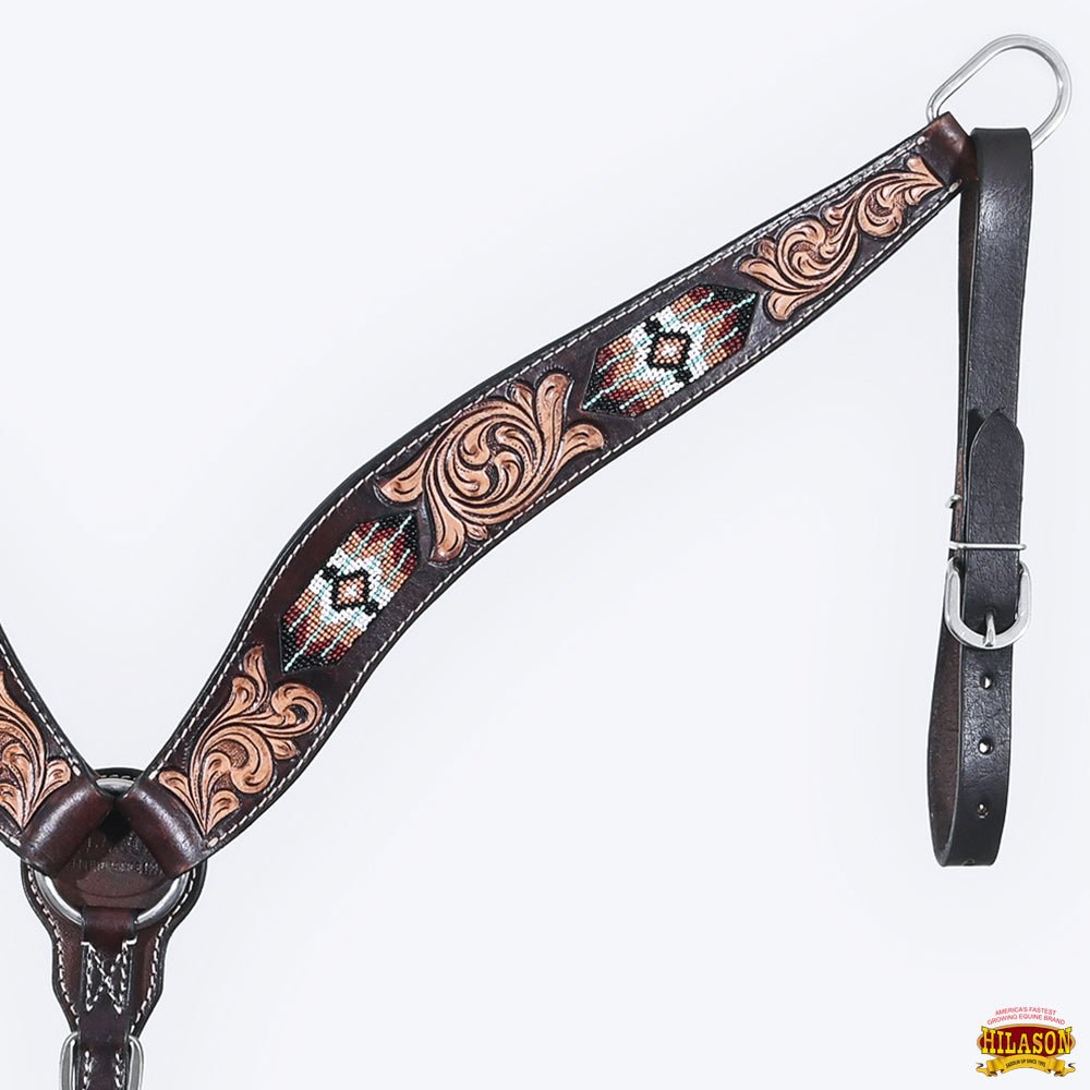 Western Horse Headstall And Floral Beaded Leather Breast Collar