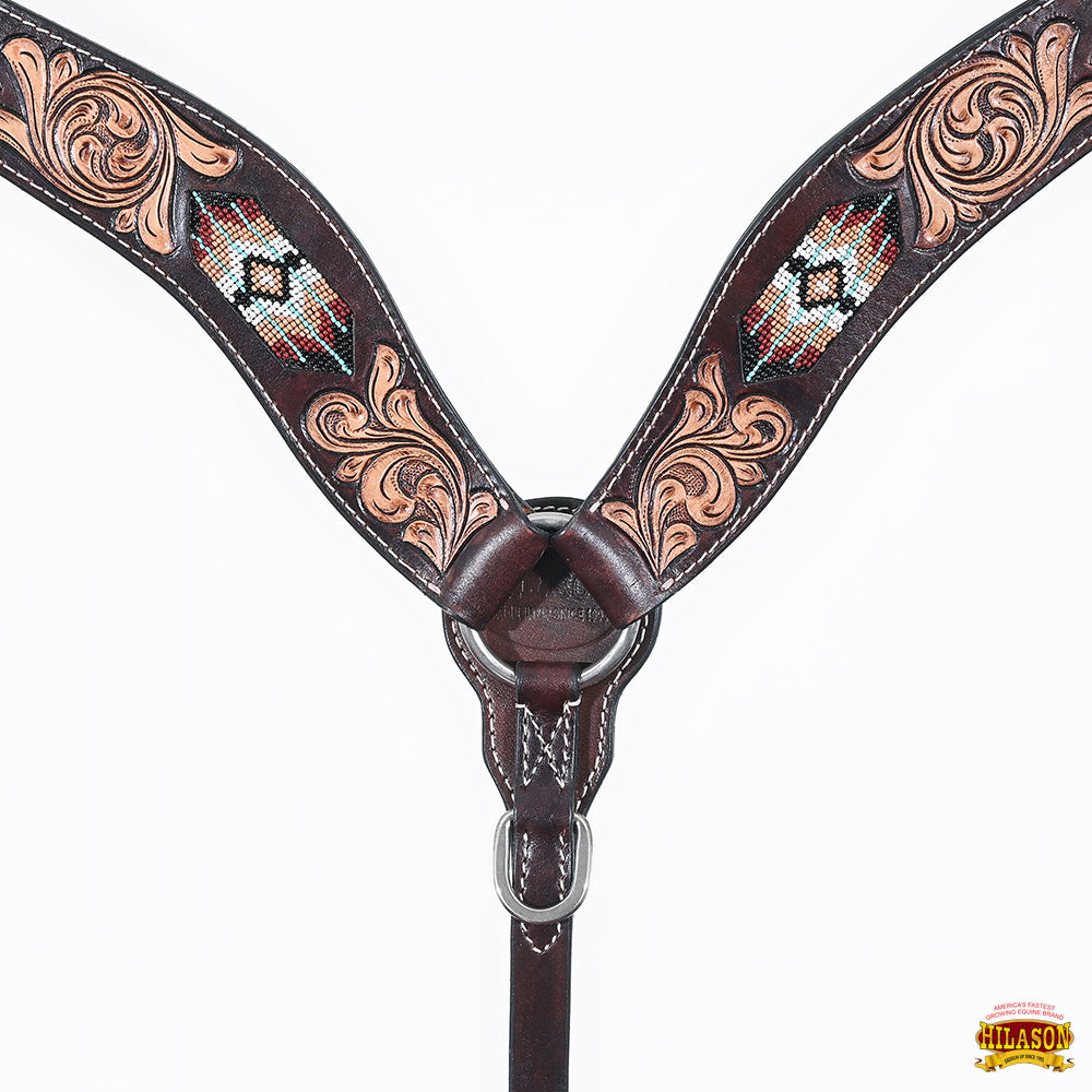 HILASON Western Horse Beaded Hand Tooled Genuine Leather Headstall Breast Collar Brown | Tack Set for Horses