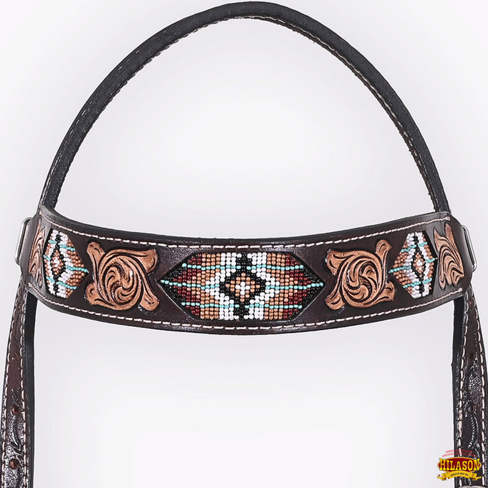 HILASON Western Horse Beaded Hand Tooled Genuine Leather Headstall Breast Collar Brown | Tack Set for Horses