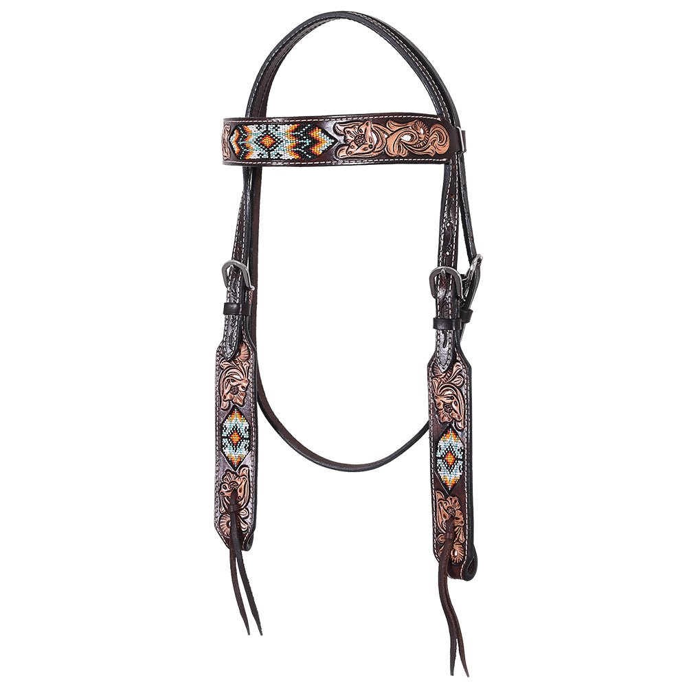 Western Horse Headstall And Floral Beaded Leather Breast Collar