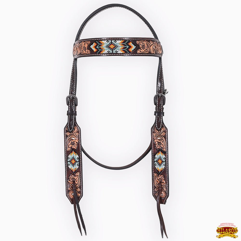 Western Horse Headstall And Floral Beaded Leather Breast Collar