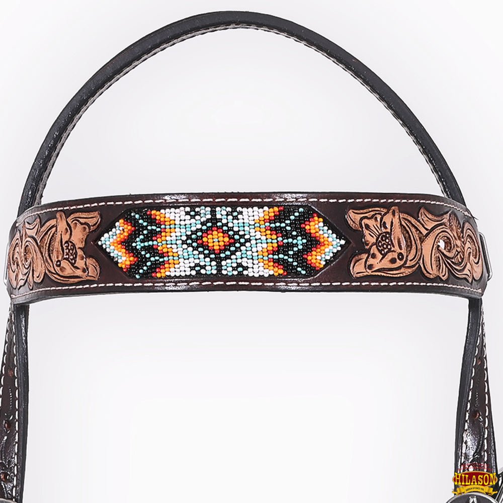 Western Horse Headstall And Floral Beaded Leather Breast Collar