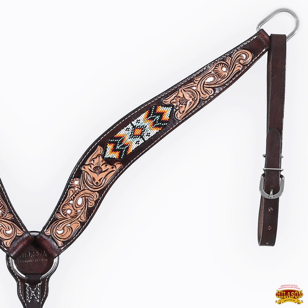 Western Horse Headstall And Floral Beaded Leather Breast Collar