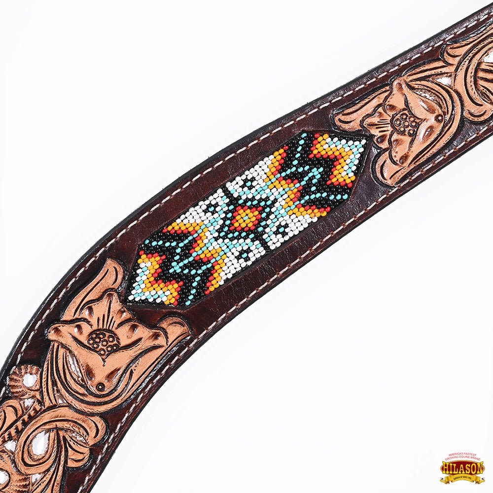 Western Horse Headstall And Floral Beaded Leather Breast Collar
