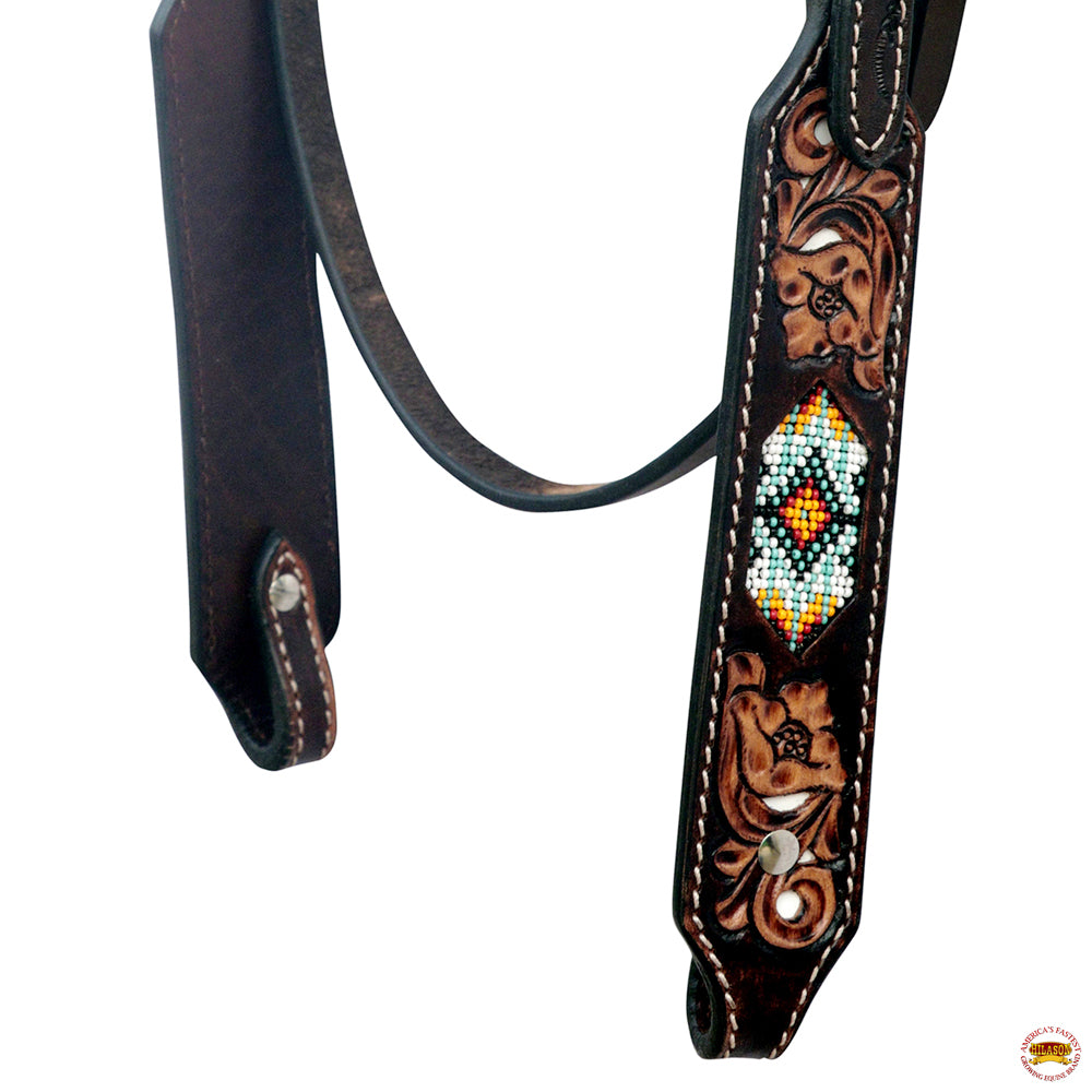 Hilason Western Horse Floral Hand Carved American Leather Headstall W/ Beaded Work Brown