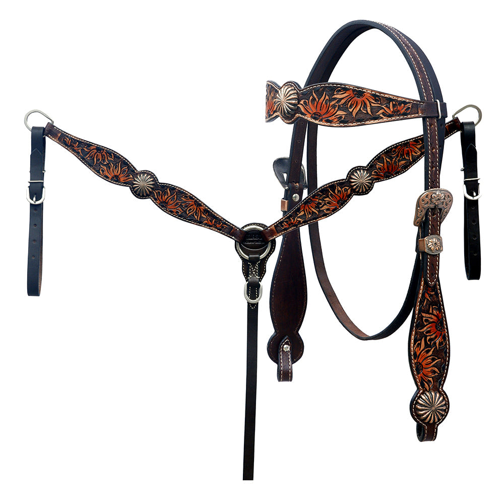 Hilason Horse Floral Hand Painted American Leather Breast Collar Headstall Concho Brown