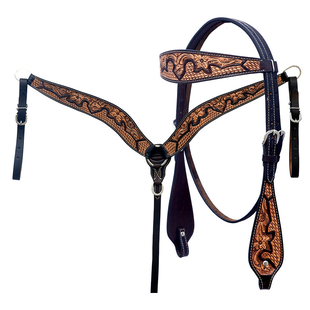 Hilason Horse Floral Hand Carved American Leather Breast Collar Headstall Brown