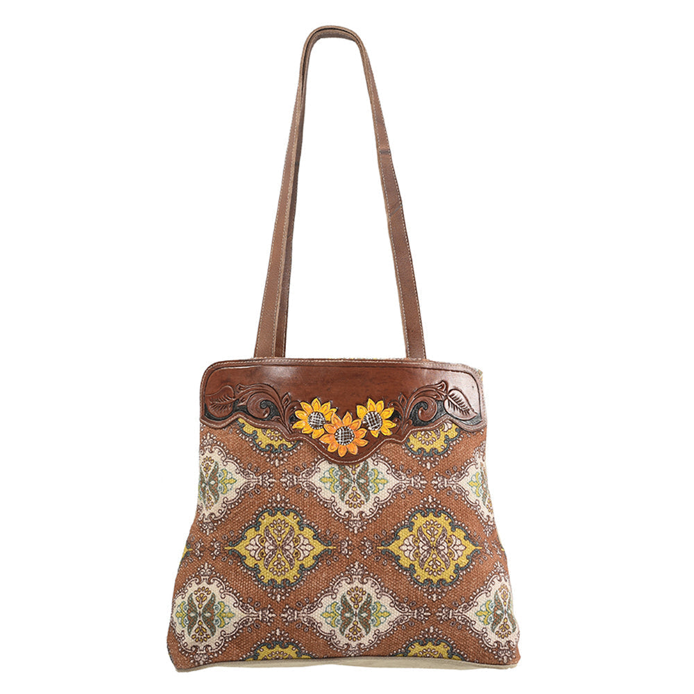 Ohlay Hobo Hand Tooled Upcycled Canvas Genuine Leather