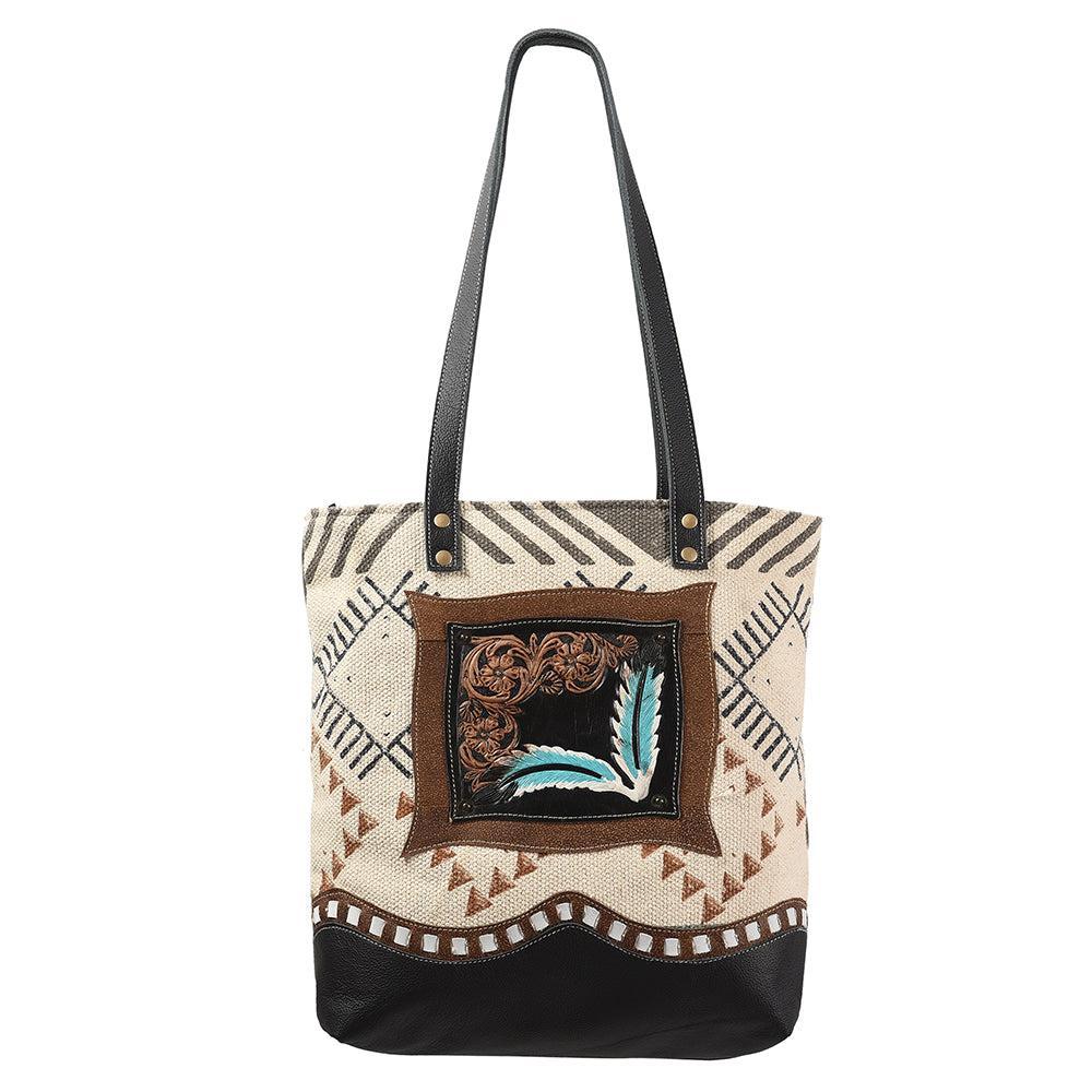 OHLAY Hand-Tooled Upcycled Canvas Leather Tote