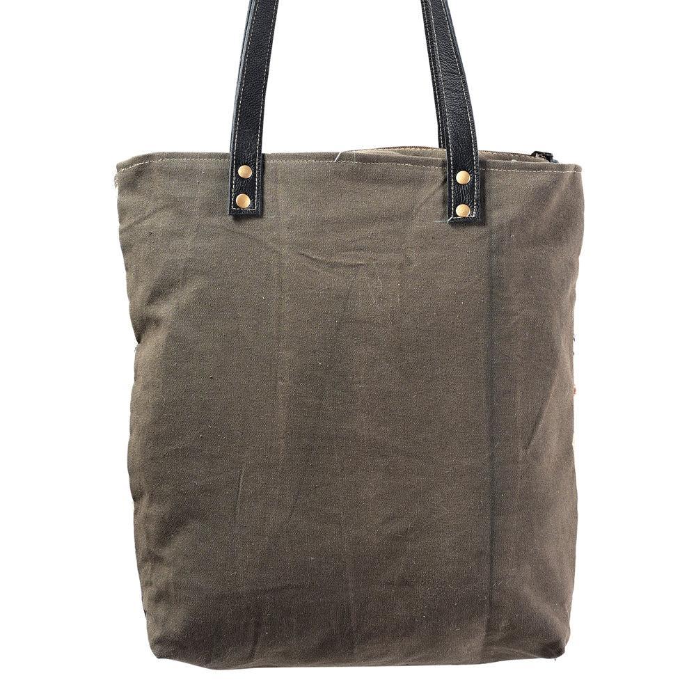 OHLAY Hand-Tooled Upcycled Canvas Leather Tote