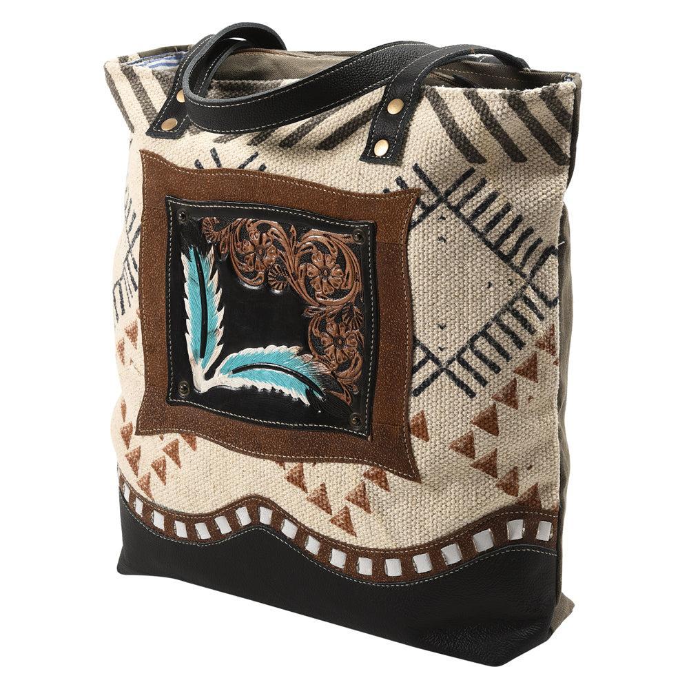 OHLAY Hand-Tooled Upcycled Canvas Leather Tote