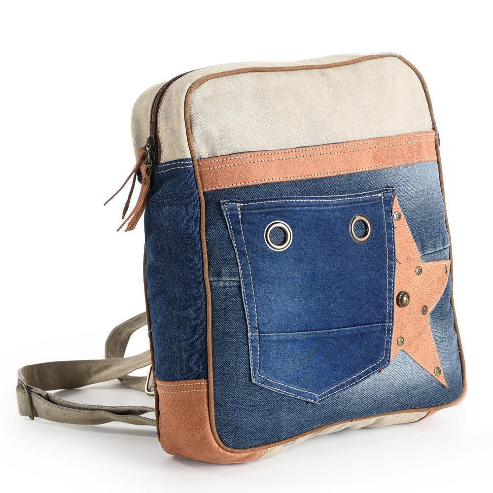 OHLAY Cotton Denim Leather Backpack