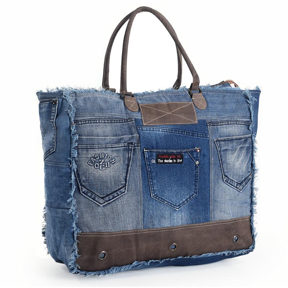 OHLAY Cotton Denim Genuine Leather Weekender Bag