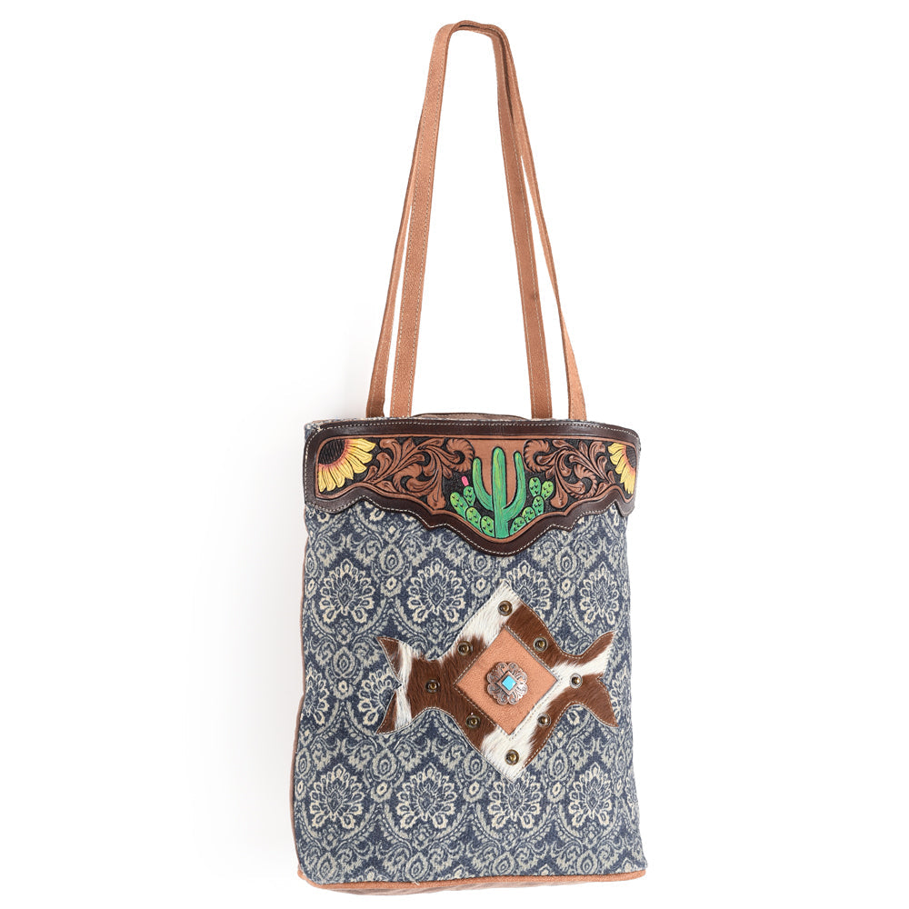 Ohlay Hobo Hand Tooled Upcycled Canvas Hair-on Genuine Leather