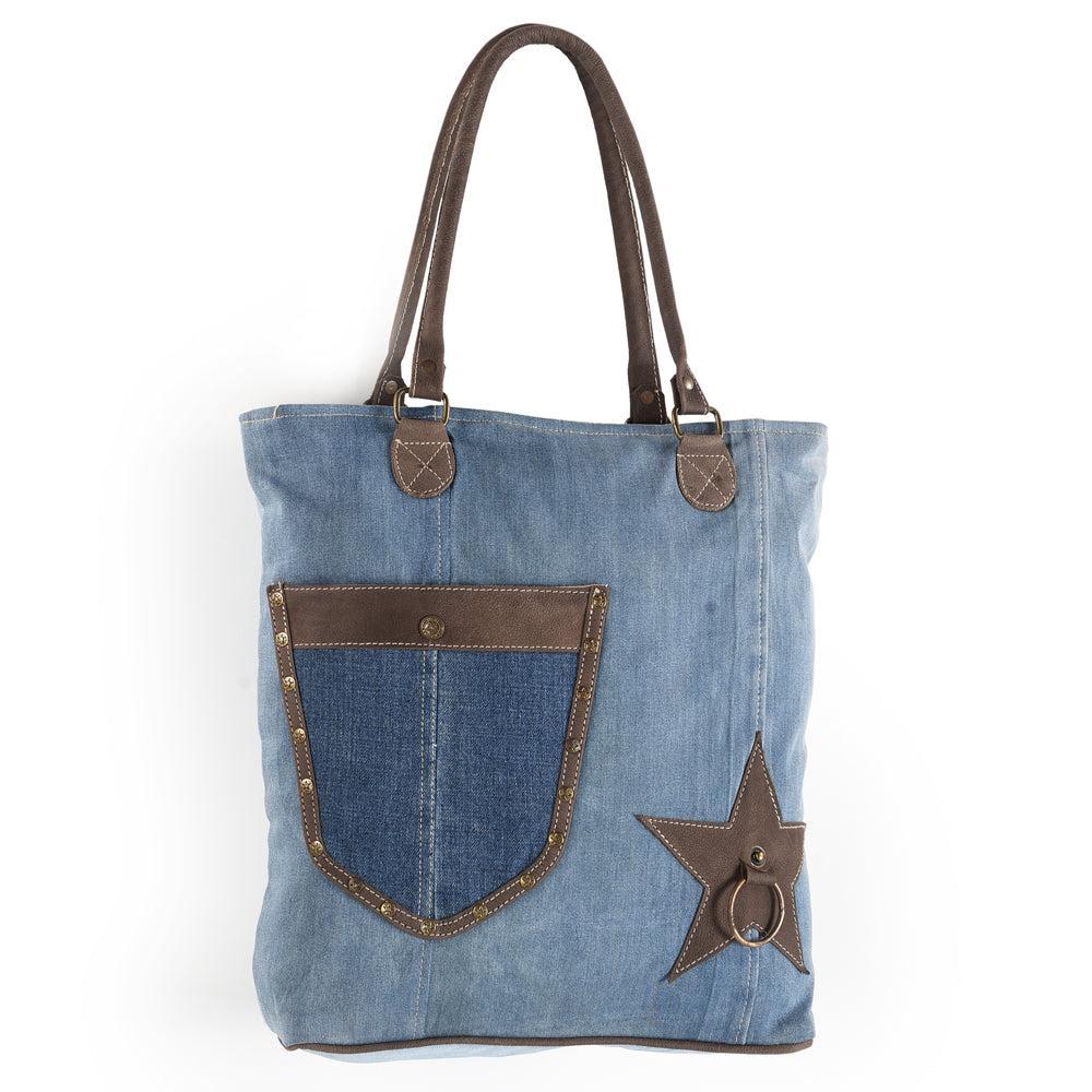 OHLAY Cotton Denim Leather Tote