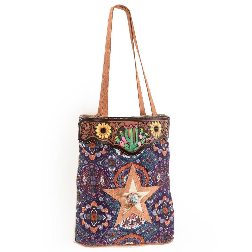 OHLAY Hand-Tooled Upcycled Canvas Hair-On Leather Tote