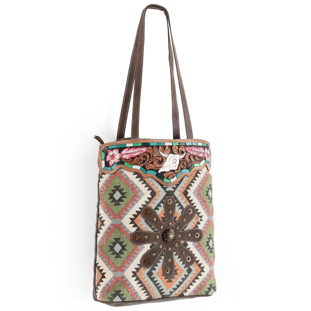 OHLAY Hand-Tooled Upcycled Wool Canvas Hair-On Leather Tote