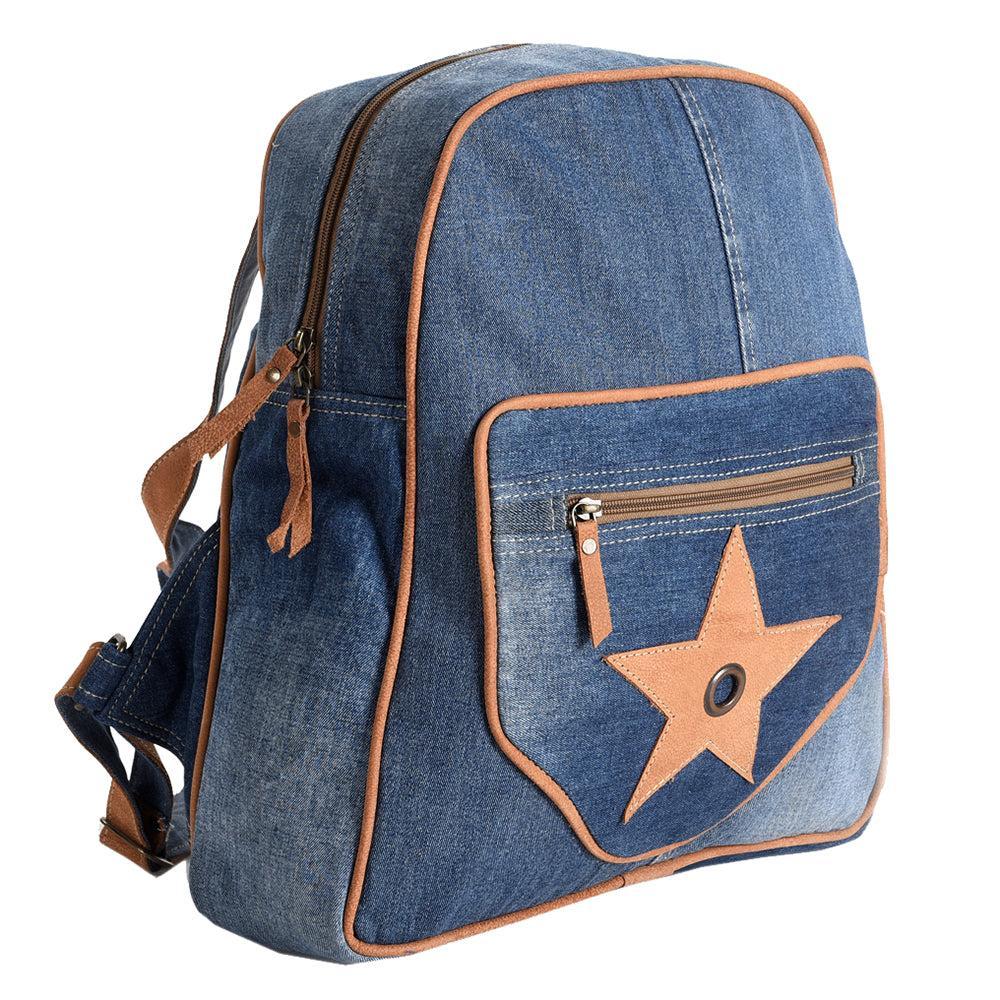 OHLAY Cotton Denim Leather Backpack