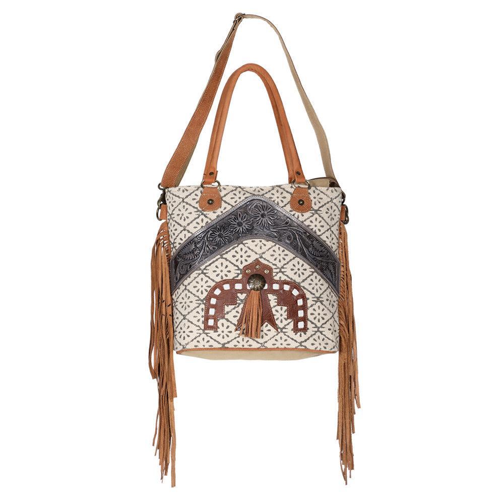 OHLAY Hand-Tooled Upcycled Canvas Leather Tote