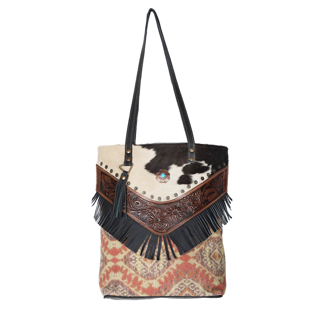 OHLAY Hand-Tooled Upcycled Canvas Hair-On Leather Tote