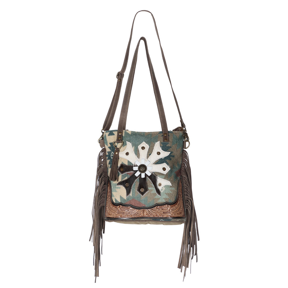 OHLAY Hand-Tooled Upcycled Canvas Hair-On Leather Tote
