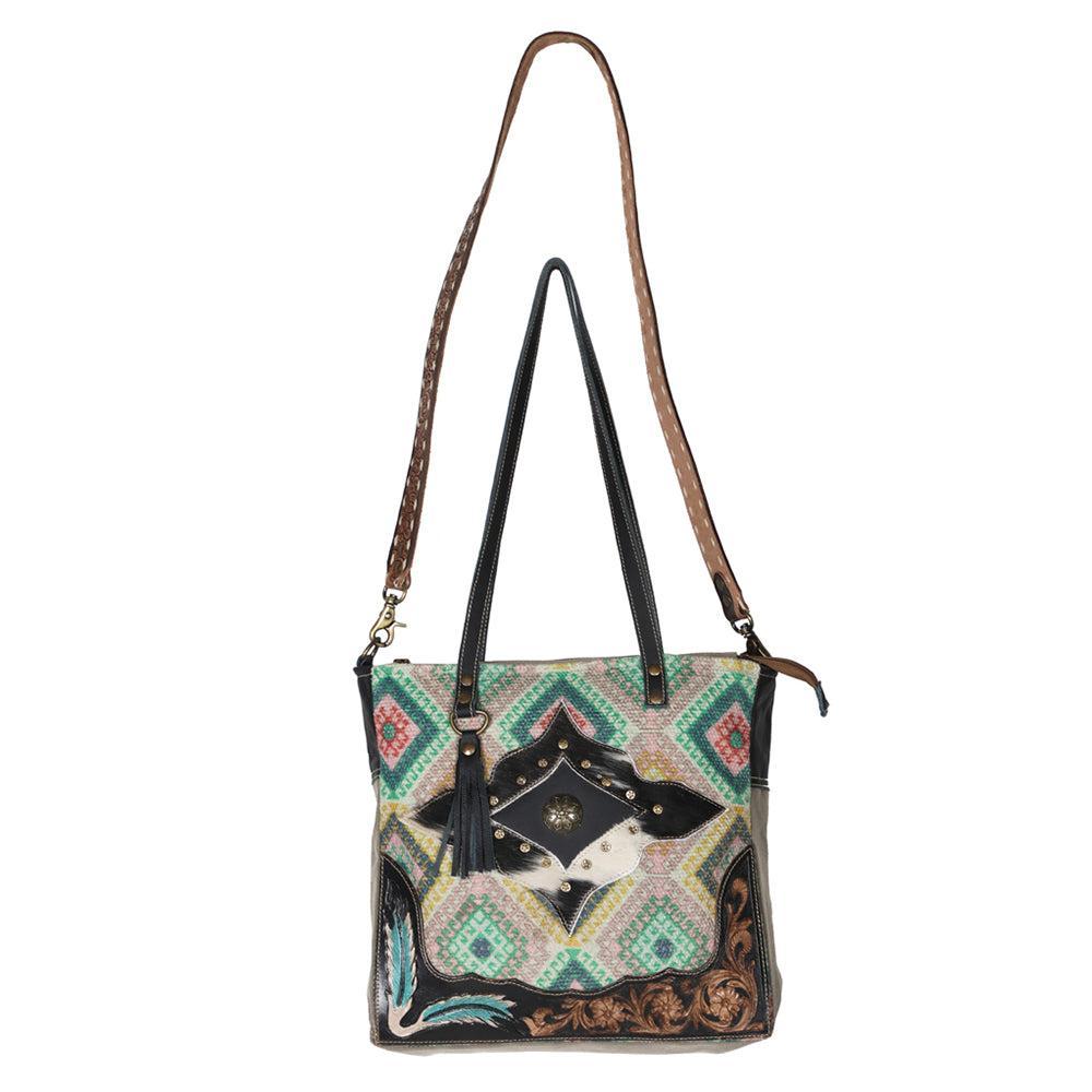 OHLAY Hand-Tooled Upcycled Canvas Hair-On Leather Tote