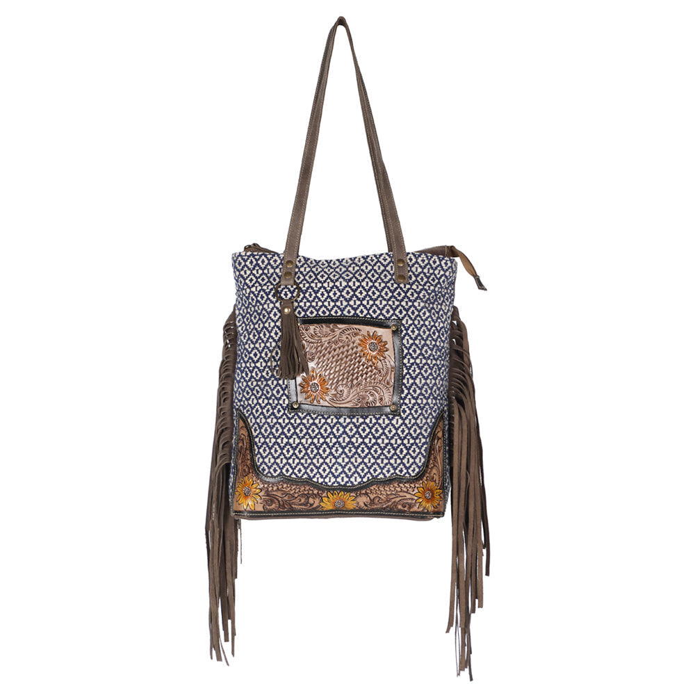 OHLAY Hand-Tooled Upcycled Canvas Leather Tote