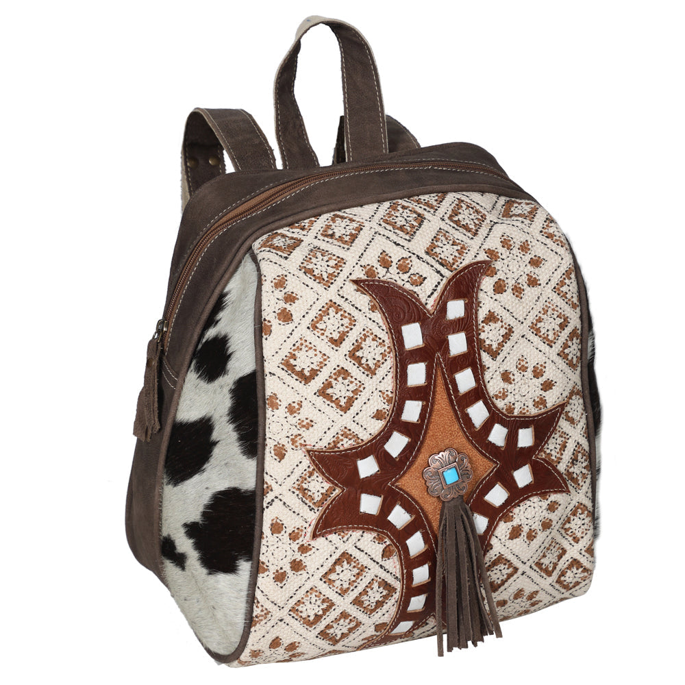 OHLAY Upcycled Canvas Embossed Hair-On Leather Backpack