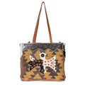 OHLAY Hand-Tooled Upcycled Wool Canvas Hair-On Leather Tote