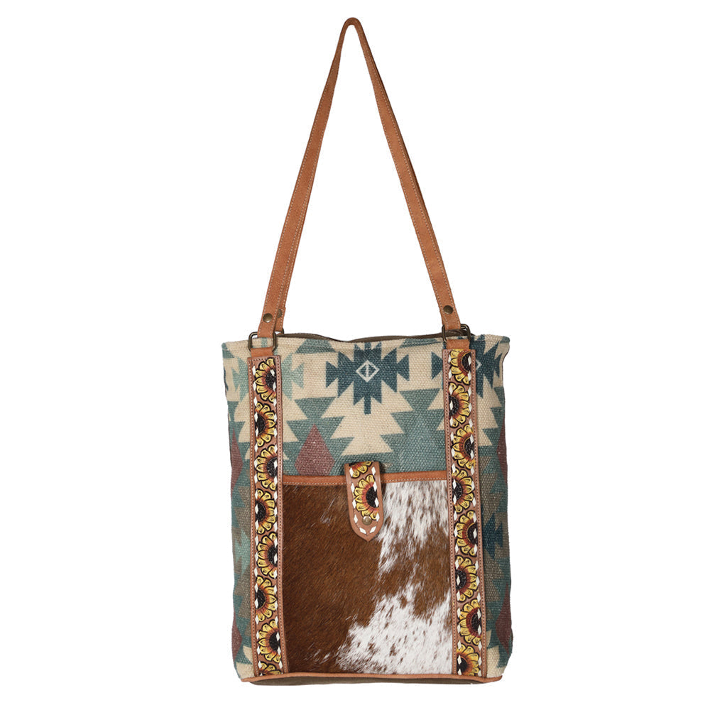 OHLAY Hand-Tooled Upcycled Canvas Hair-On Leather Tote
