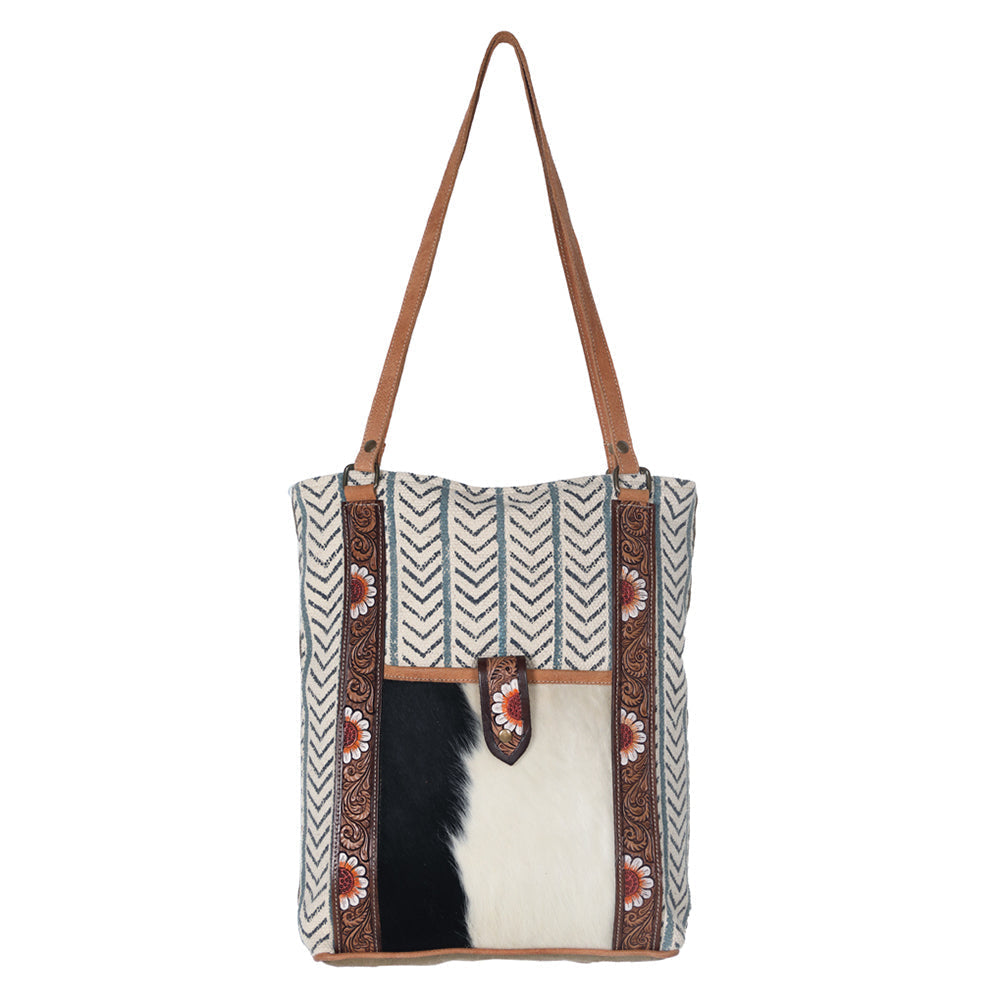OHLAY Hand-Tooled Upcycled Canvas Hair-On Leather Tote