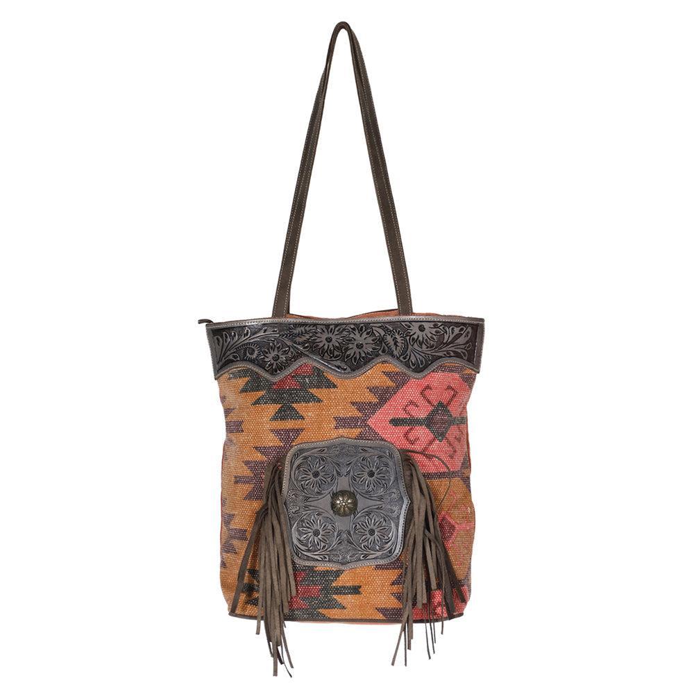 OHLAY Hand-Tooled Upcycled Canvas Leather Tote