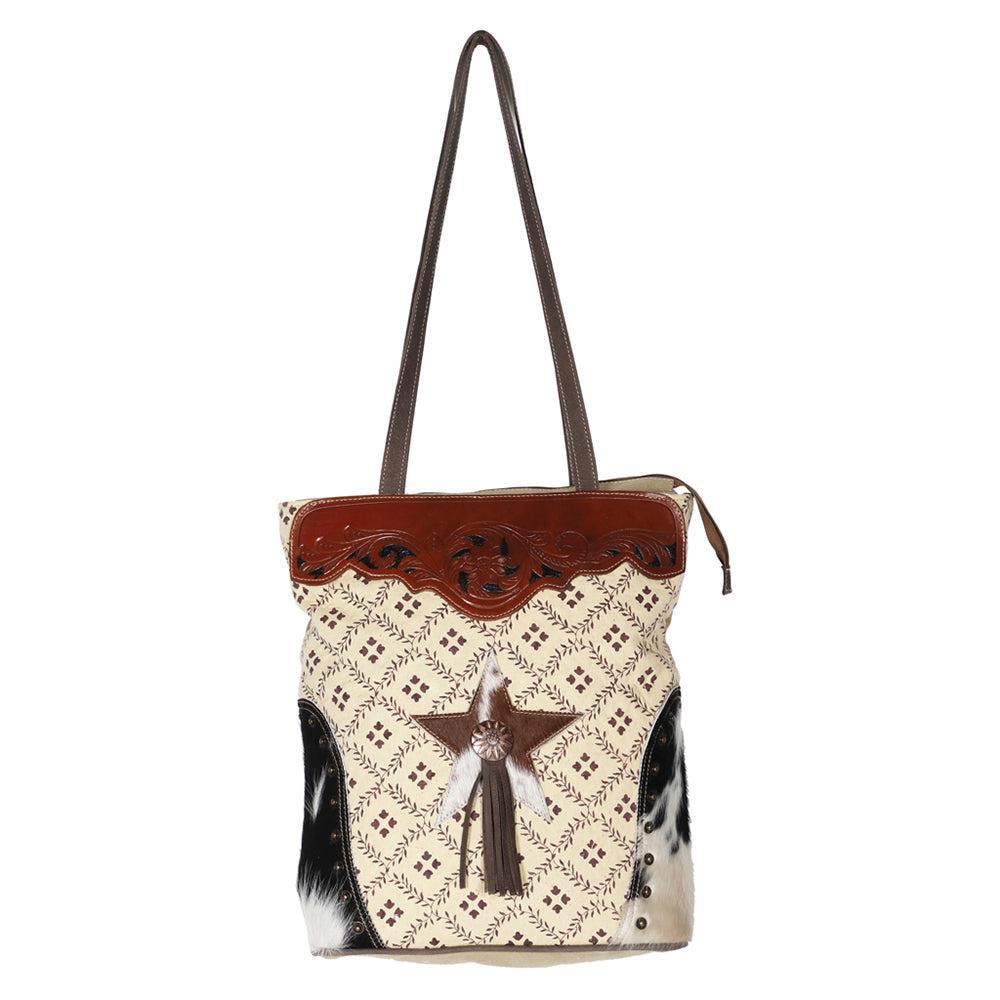 OHLAY Hand-Tooled Upcycled Canvas Hair-On Leather Tote