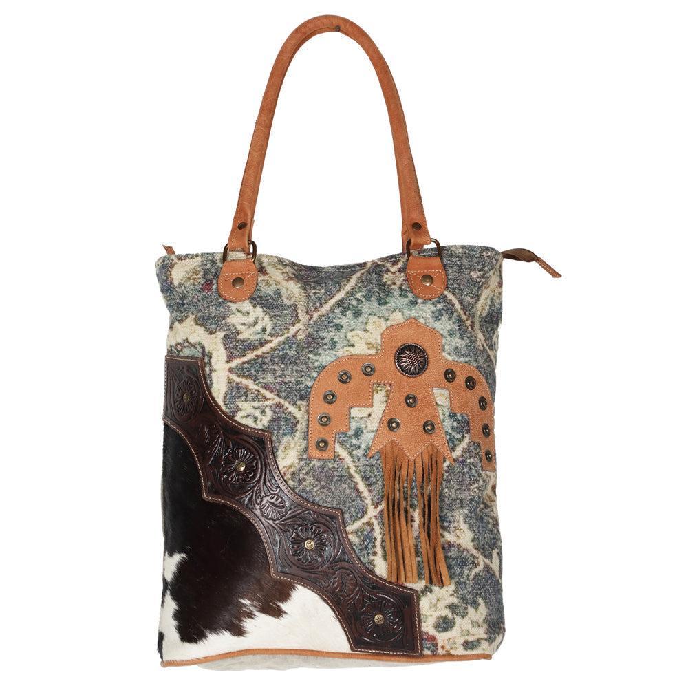 OHLAY Hand-Tooled Upcycled Canvas Hair-On Leather Tote