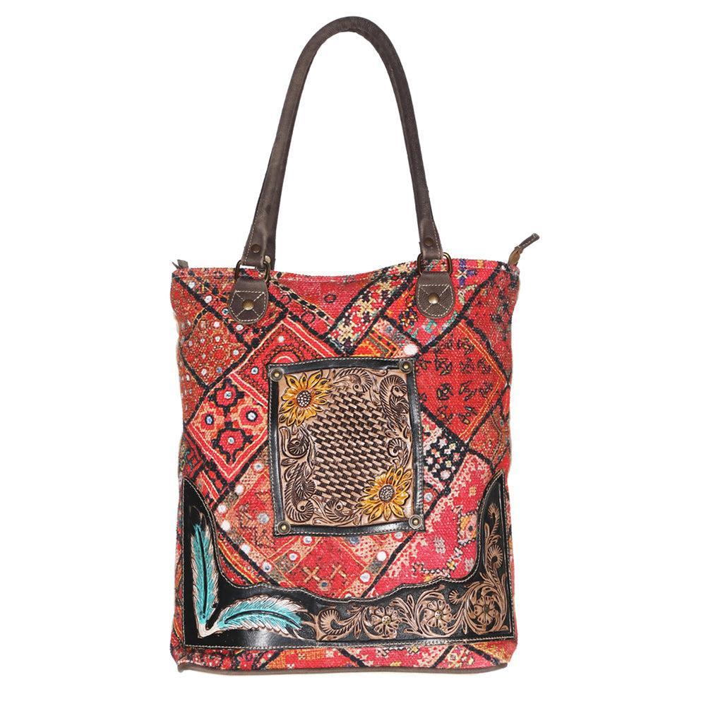 OHLAY Hand-Tooled Upcycled Canvas Leather Tote