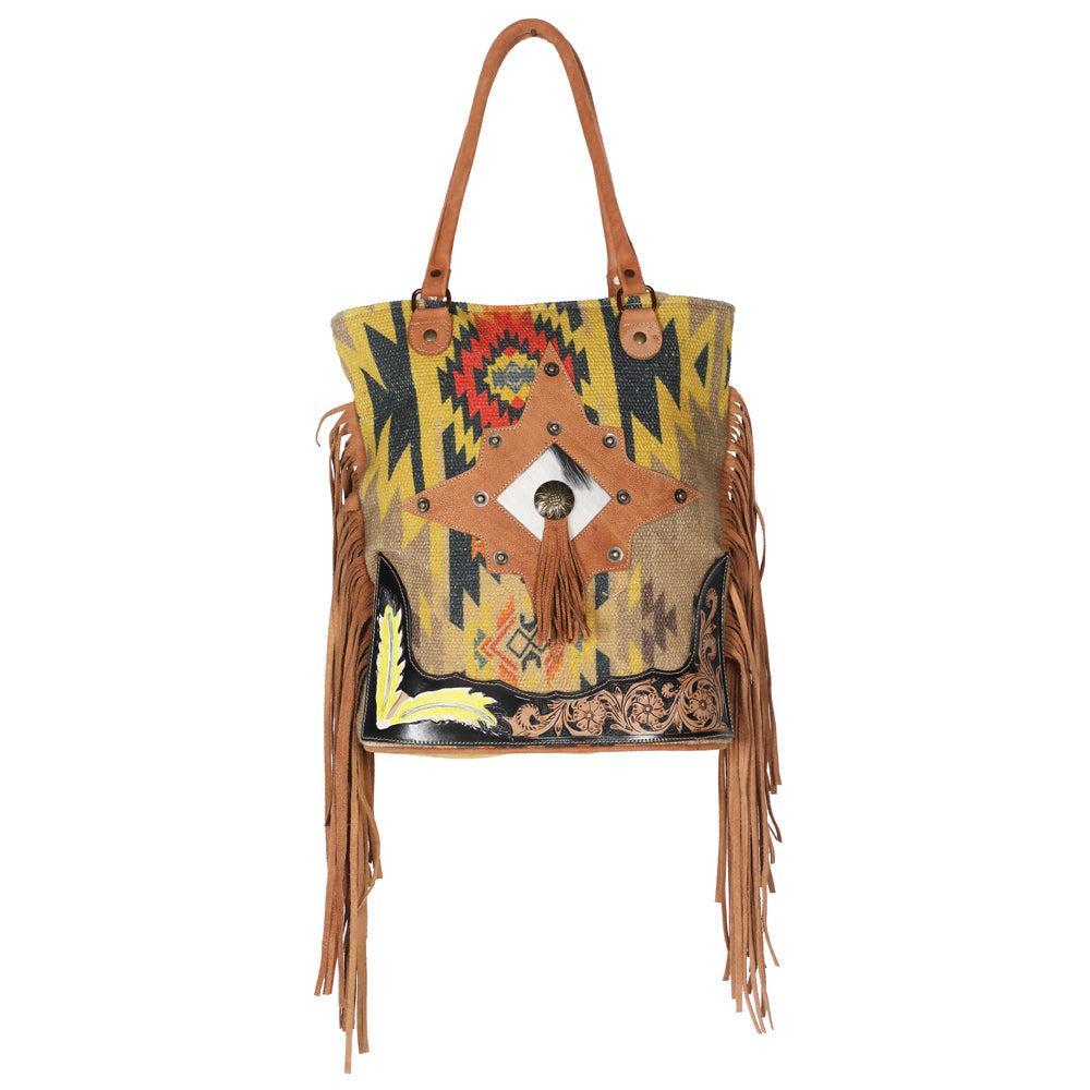 OHLAY Hand-Tooled Upcycled Wool Canvas Hair-On Leather Tote